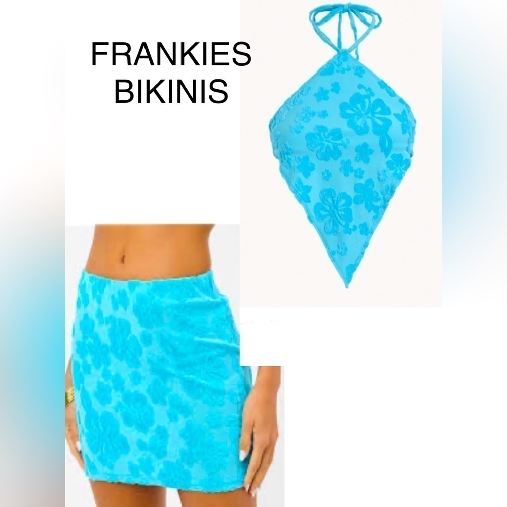 Frankie's Bikinis Turquoise Floral Hanky Hem Halter Top & Matching Skirt Set